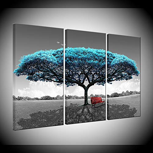 Cadre salon décor 3 pièces avec peintures sur toile paysage bleu et grand arbre rouge