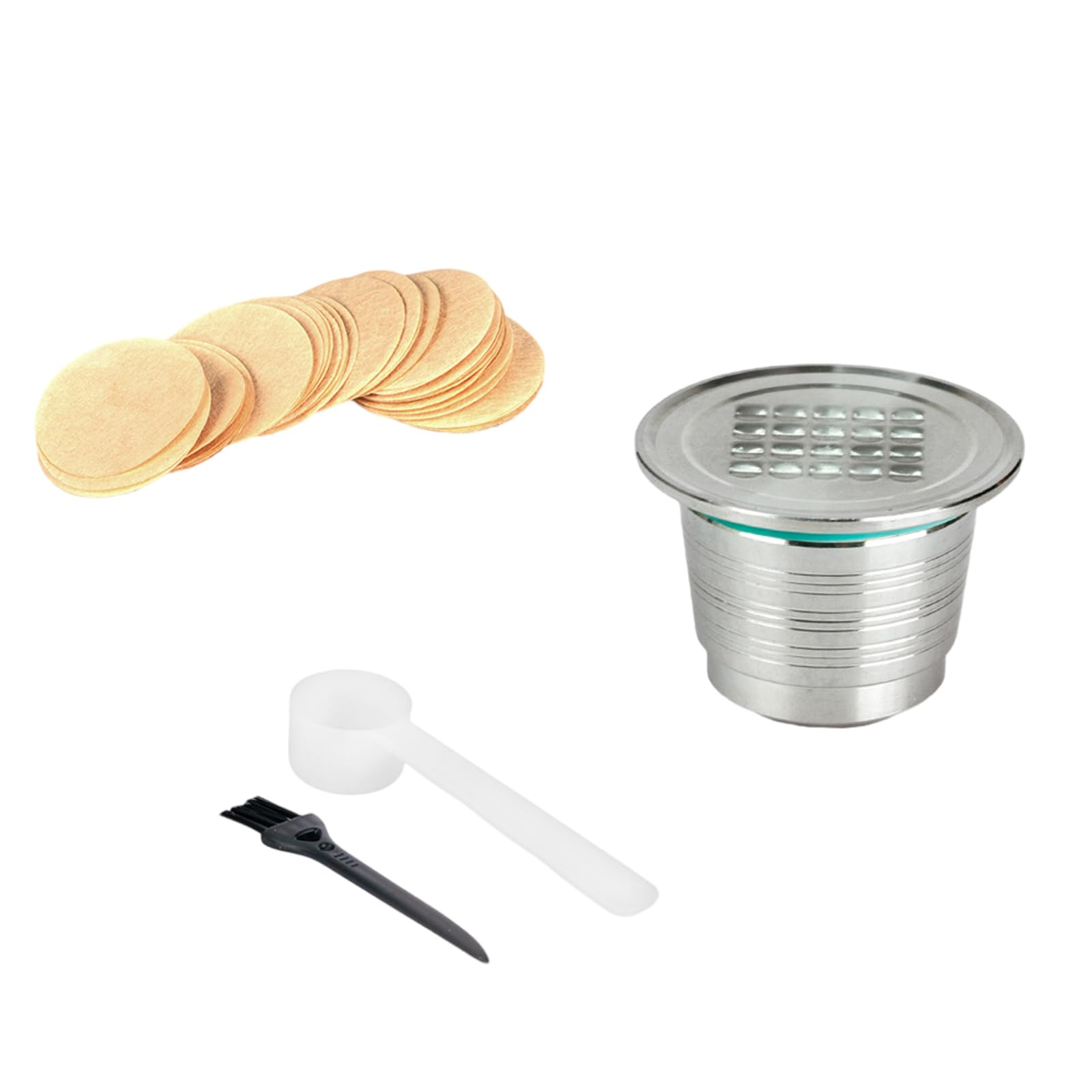 Tsophreniq Pods Tool with Stainless Steel Spoon, Filter Paper & Brush for Easy Maintenance Coffee Pods Cleaning Brush Set