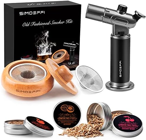 Cocktail Smoker Kit with Torch, Old Fashioned Smoker Kit for Bourbon Whiskey Drink, with 4 Different Flavor Wood Smoker Chips, Vodka/Gin/Tequila/Rum Liquor Gifts for Whiskey Lovers, Father(No Butane)