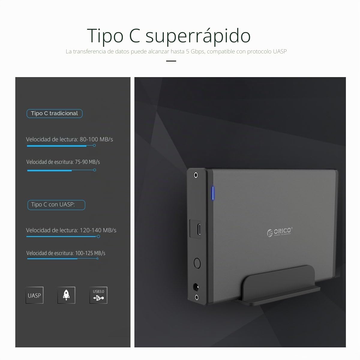 ORICO Carcasa Externa para Disco Duro 3,5 pulgadas, Adaptador USB 3.1 Gen 1 a SATA 3.0,Compatible con HDD SATA hasta 20 TB,Fuente de Alimentación 12V/2A Incluida,Indicador LED Azul-Aluminio+ABS(7688C3