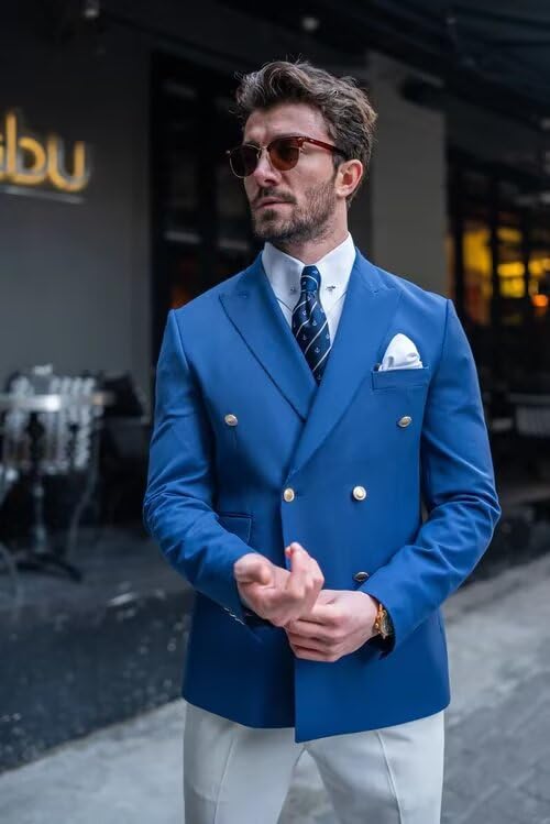 Mens Blazer Gold Buttons Jacket Slim Fit Double Breasted Sport Coat Business Wedding Party Jacket Suit4