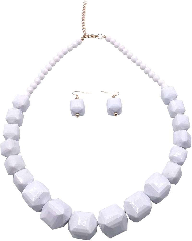Halawly Acrylic Beads Statement Strand Necklaces&Bracelet set- Christmas Necklace Costume Jewelry For Women,White Beaded Necklaces Present for Women Girls