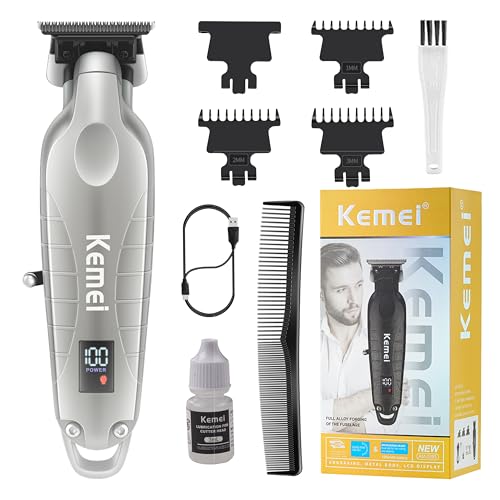 Image of KEMEI 2293 Professional Hair /Beard Trimmer for Men Zero Gapped Hair Clippers for Barber with T Blade, Cordless Rechargeable, Silvery