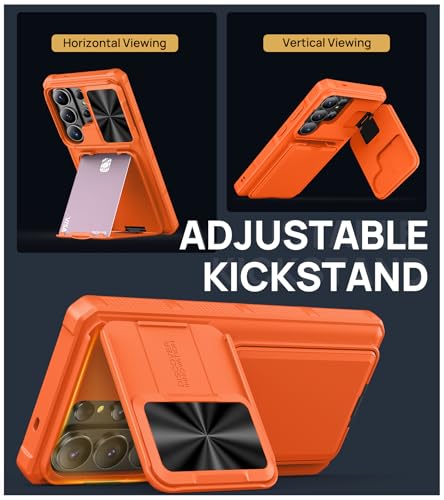 Image of SSLOTSCASE for Samsung Galaxy S26 Ultra Case with Hidden Card Holder & Camera Stand & Adjustable Kickstand & Slide Camera Cover & Wallet, Military-Grade Heavy Duty Phone Cover for S26 Ultra, Orange