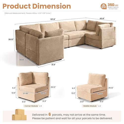 Image of ovios Modular Sectional Sofa Couch with U-Shape Chaises Convertible, Comfy Plush Corduroy Cloud Couches, Modern Luxury Deep Seat Sofas Set for Living Room, 6-Seater, Beige