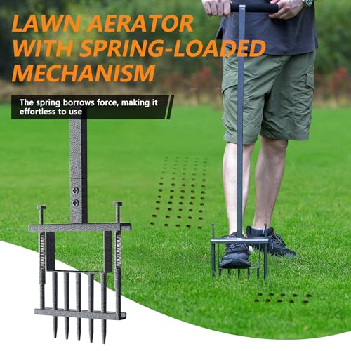 X-PREK Lawn Aerator with Spring-Loaded Mechanism, Upgraded Grass Aerator Lawn Tool, Metal Manual Yard Aerator for Lawn with Five 5-Inch Solid Iron Spikes, Garden Tool, Revives Lawn Health