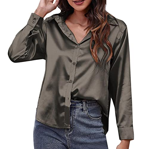 Damen Satin Blusen Hemdbluse Hemd Basic Elegant OL Work Langarm Formelle...