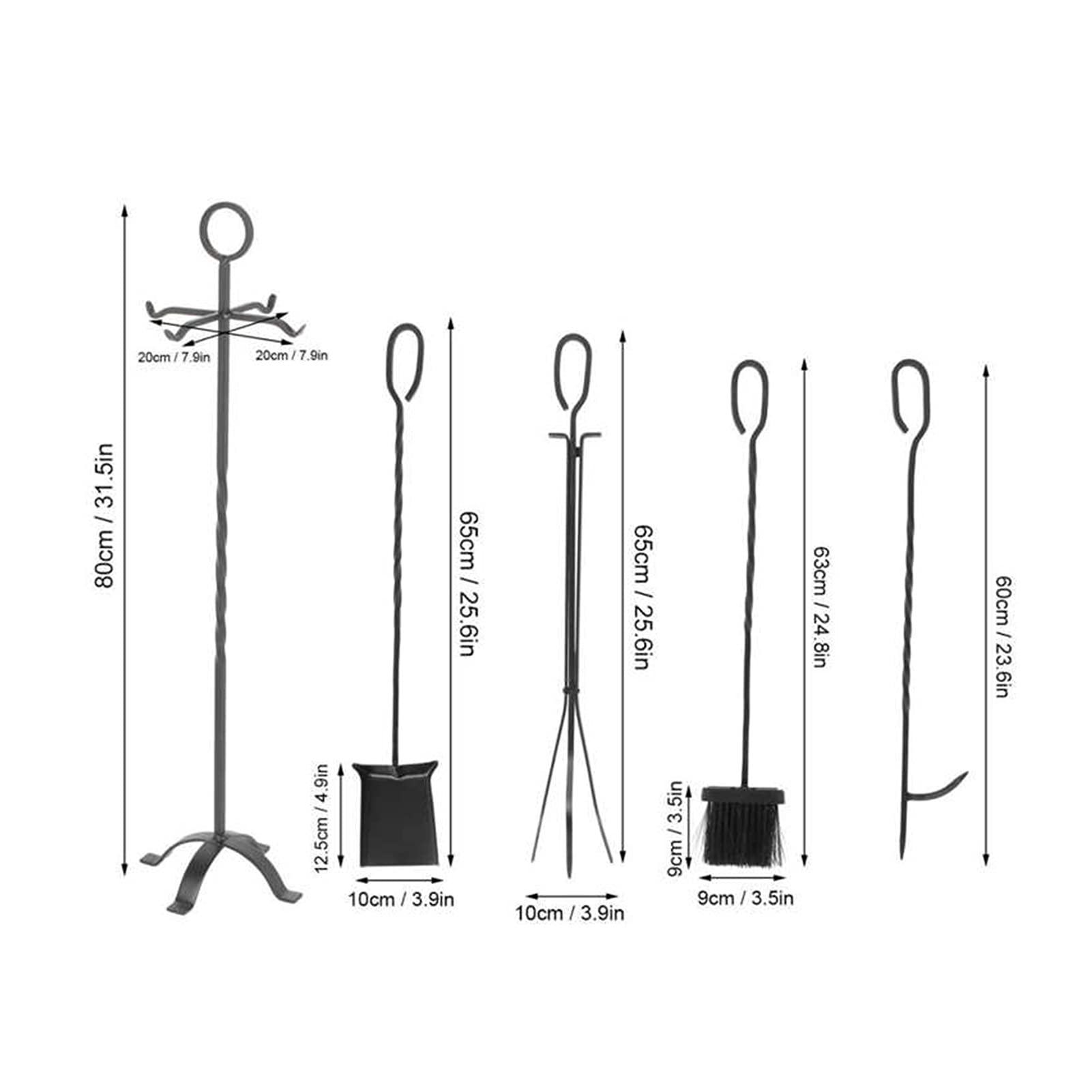Juego de Herramientas para Chimenea, Soporte para atizador, 5 Piezas, Juegos de Accesorios para Chimenea, Bolsa de Herramientas, Cepillo de Hierro Forjado, Pala, Mango Largo, atizador de Met