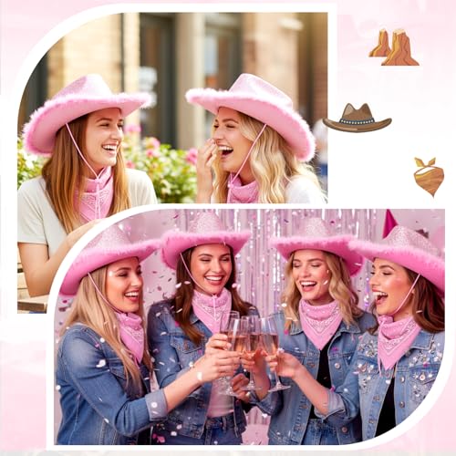 Image of Coume 12 Pcs Sparkly Adults Cowboy Hat and Bandanas Women Men Western Glitter Cowgirl Party Hats with Adjustable Drawstring