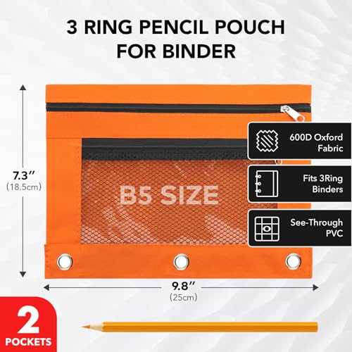 Image of 3 Ring Pencil Pouch for Binder, 2-Pocket Zipper Pencil Case with Clear Window & Mesh Pocket, Heavy Duty 600D Oxford Fabric Binder Pouch for School Office Supplies, Fits Standard 3-Ring Binders, Orange
