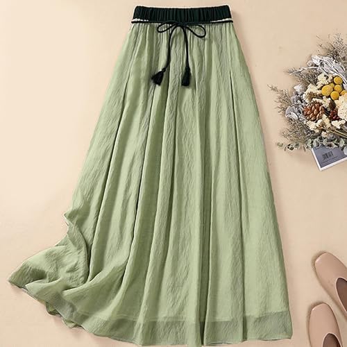 Summer Cotton Linen Skirts for Women Trendy A-Line Flowy Long Skirts Lace-Up Elastic Waist Beach Vacation Skirts3