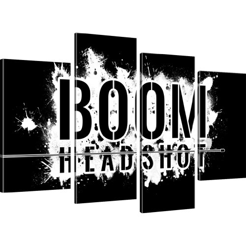 Kunstlab Boom Headshot Gamer Wandbilder auf Leinwand Besser als Poster - 100x60 cm 4-Teilig: Schwarz-Weiss s