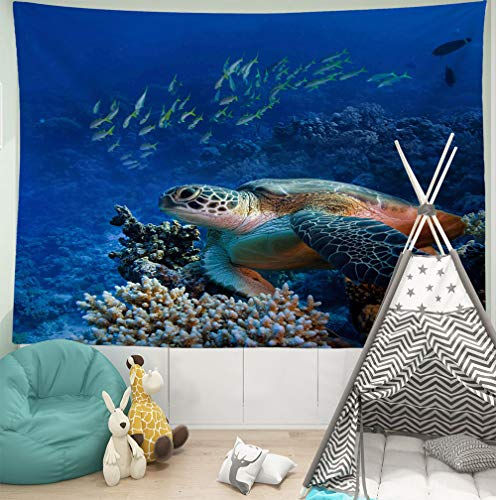 HIYOO Home Bottom Sea Turtles Tapestry Wall Hanging, Ocean Sea Underwater World Seabed Coral Reef Wall Tapestry, Nature Art Tapestries Decor For Dorm Bedroom Living Room, Wall Background 80"W x 60"L