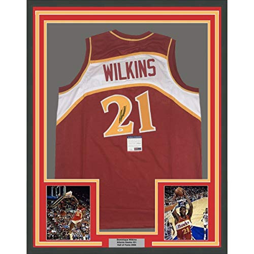 Framed Autographed/Signed Dominique Wilkins 33x42 Atlanta Red Basketball Jersey PSA/DNA COA
