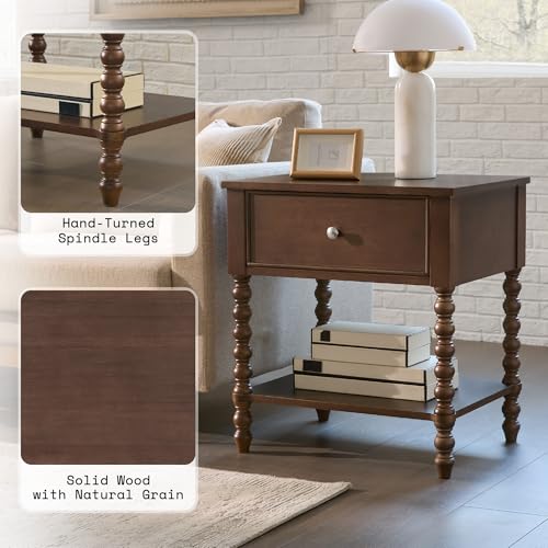 Image of AMERLIFE Walnut Nightstand Set of 2, Mid Century Solid Wood Bedside Table | End Table with Drawer, Modern Night Stand with Spindle Wooden Legs for Bedroom, Office, Dark Walnut