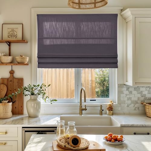 Image of TWOPAGES Isabella No Drill Cordless Roman Shade Linen Textured Cotton Roman Blind for Windows, Custom Made Room Darkening Blackout Roman Window Shade, Hardware Included, Purple, 1 Piece