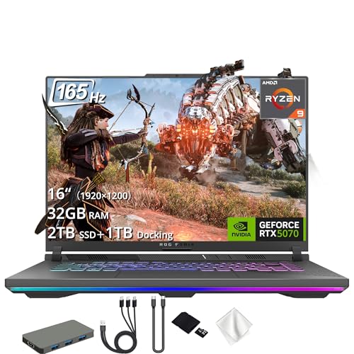 Image of ASUS ROG Strix G16 16 inch WUXGA 165Hz Gaming Laptop, AMD Ryzen 9 8940HX, GeForce RTX 5070 8GB GDDR7, 32GB DDR5, 3TB Storage (2TB SSD+1TB Docking Station Set), RGB Backlit Keyboard, Win 11 Home, Gray