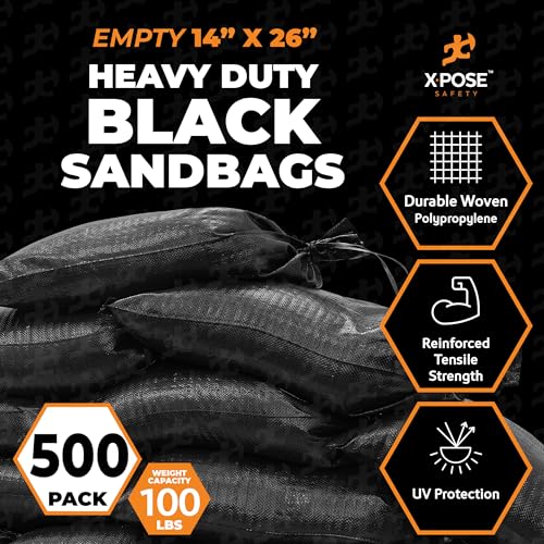 Image of Xpose Safety Heavy Duty Sand Bags with Tie Strings - Empty Woven Polypropylene Sandbags for Hurricane Flood Protection, 100 lb Capacity, 14 inch x 26 inch, Black, Pack of 500