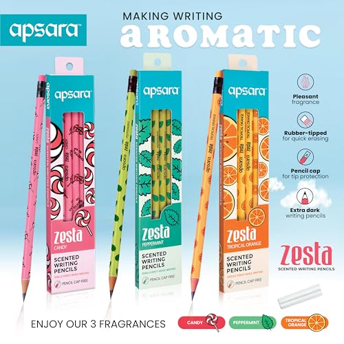 Image of Apsara Zesta Scented Pencils | Tropical Orange, Candy & Peppermint 3 Unique Fragrances | Eraser Attached & Pencil Cap Included, Pack of 18