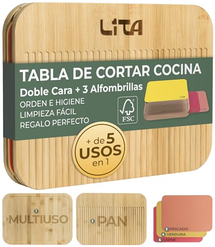 Tabla Cortar Cocina Bambú Madera Doble Cara Antibacteriana Higiénica Con 3 Alfombrillas Intercambiables PP Sin BPA Flexibles Antideslizantes Para Pan Carne Pescado Verduras Quesos Multifuncional LITA