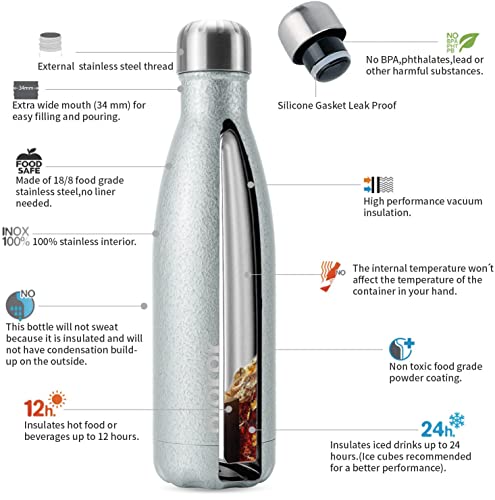Image of BJPKPK Insulated Water Bottles 17oz, Leak Proof Stainless Steel Water Bottle Keeps Cold for 24H and Hot for 12H, BPA Free,Silver