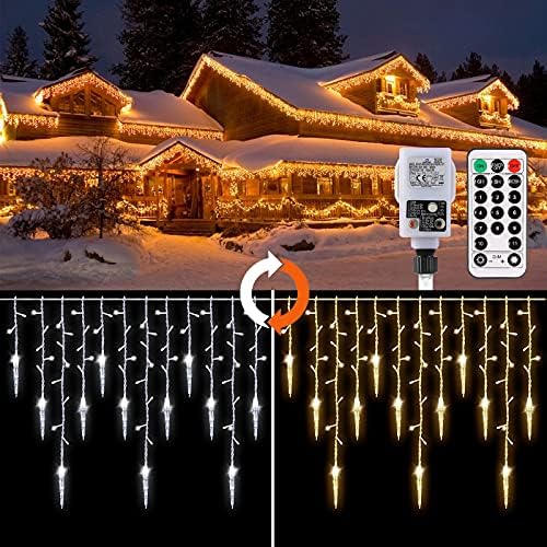 GREEMPIRE Icicle Lights Outdoor, 14m Outdoor Christmas Lights End-to-end Icicle Lights Clear, Warm& Cool Christmas Lights Outdoor Fairy Plug in Gutter Remote for Outside Indoor Decor