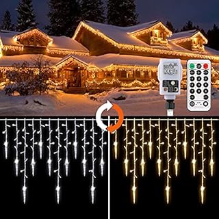 GREEMPIRE Icicle Lights Outdoor, 14m Outdoor Christmas Lights End-to-end Icicle Lights Clear, Warm& Cool Christmas Lights Outdoor Fairy Plug in Gutter Remote for Outside Indoor Decor