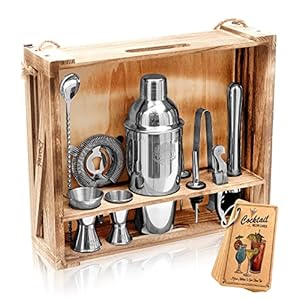 PAVOCI Cocktail Making Set – 11-Piece Cocktail Shakers Bartender Kit – Premium Stainless Steel Cocktail Maker with Wooden Stand and Accessories – Ideal Bar Tools, Kitchen, Professional Use
