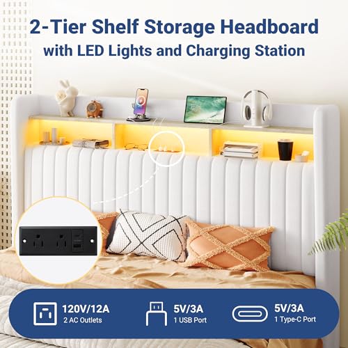 Image of Allewie King Size Lift Up Storage LED Bed Frame, Charging Station, White