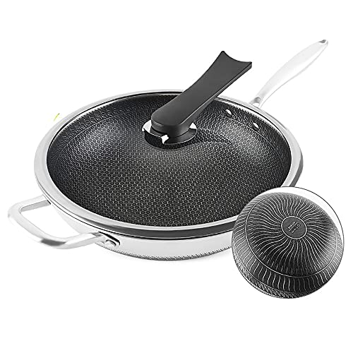RXDRO Wok De Acero Inoxidable 316 Estructura De Nido De Abeja SartéN Antiadherente Cocina De InduccióN DoméStica Estufa De Gas SartéN Compatible con Toda Tipo De Cocina, 32cm/34cm Cover