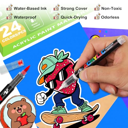 Image of Allinside Acrylic Paint Markers, 24 Colors Soft Brush Tip Paint Pens, Waterproof Quick Dry Acrylic Markers for Rock Painting Wood Canvas Glass Fabric Stone Egg DIY Art Crafts Supplies