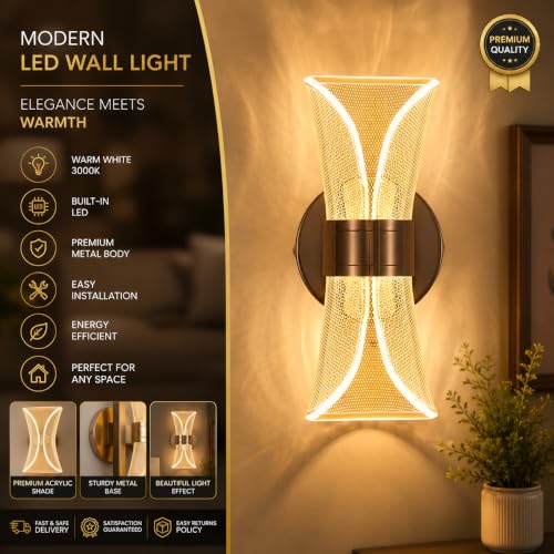 Image of Modern LED Mesh Design Wall Sconce Light, 12W, 3 Color Modes,Gold Finish, 23cm Acrylic Modern Wall Light (Pack of 2)