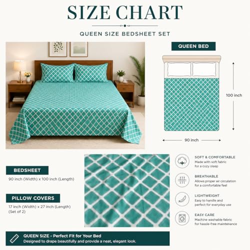 Image of Teal Geometric Queen Size Bedsheet with 2 Pillow Covers | Soft, Breathable & Bedding Set | Modern Diamond Pattern Room Decor (90 x 100 Inches)