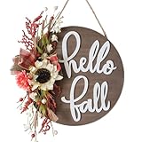 14" Hello Fall Wreath, Welcome Hanging Sign Front Door Decor with Sunflowers Berries, Plaid Burlap Bow, Fall Decorative Wooden Welcome Sign Rustic Porch Decoration for Home Office Garden Farmhouse