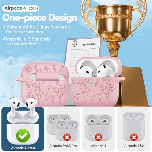 Image of for Airpods 4 Case with Magnetic Lid, Ekoonpft Flower Engraved Cases for Apple AirPods 4th Generation 2024, Soft Silicone Cover for Women Girly with Cleaning Kit & Keychain, Shockproof