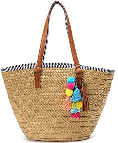 Straw Beach Bags Tote Tassels Bag Hobo Summer Handwoven Shoulder Bags Purse With Pom Poms-Alightbrown