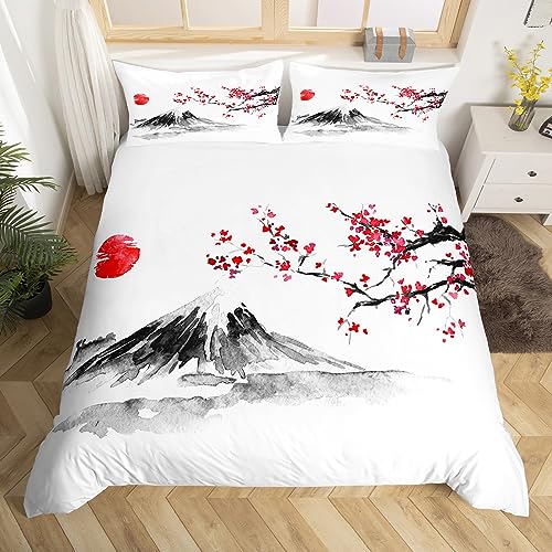 Fleurs de Cerisier Housse de Couette Ensemble Femmes Chic Literie Cherry Japonais Ensemble Adolescent Chambre décor Exotique Mont Fuji Parure de Lit 140x200cm...
