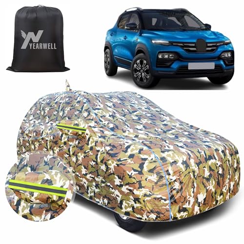 Image of Car Body Cover for Renault Kwid, 100% Waterproof with Mirror & Antenna Pockets, Military Print Design, UV & Dust Protection, Triple Stitched, Sky Piping & Reflector (Jungle Print)