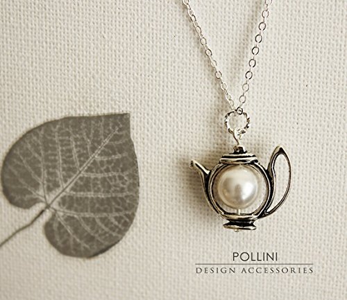 Teapot Necklace. Antique Silver Teapot with Pearl. Pastel. Gift For