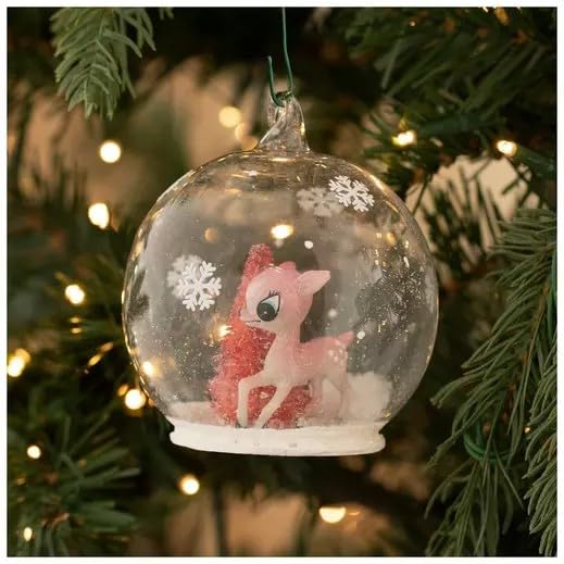 Robert Stanley Pink Reindeer & Tree Snow Globe Glass Ornament