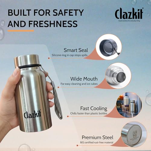 Image of Clazkit Stainless Steel Water Bottle, 500 ml - Single-Walled, Spill-Proof, Food Grade Steel | Fridge, Office, School, Travel, Gym, Car (Silver) Pack Of 6