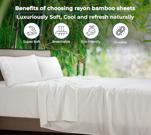 Image of Royale Linens Bamboo Viscose Twin Sheet Set - Cooling Bed Sheet Set - 1 Fitted, 1 Flat & Pillowcase - Fits Up to 16 inch - Organic Viscose Derived from Bamboo - Bedding Sheet & Pillowcase (Twin, White)
