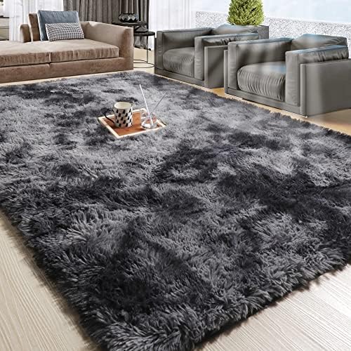RUGTUDER Shag Area Rug, 4x6, Soft Rug for Living Room, Tie-Dyed Grey Fluffy Rugs for Bedroom, Furry Rug for Boy Girl Room Decor, Shaggy Throw Rug for Nursery, Modern Carpet for Teen Dorm, Abstract Rug