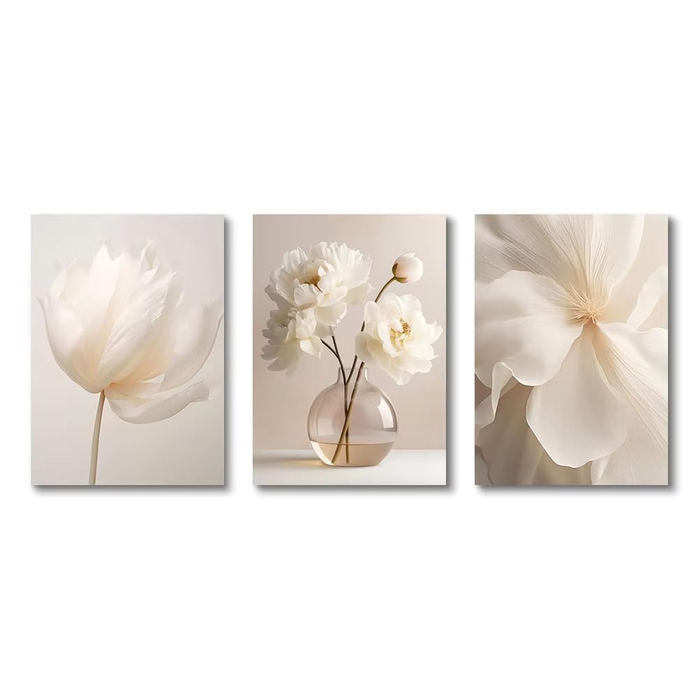 XIANGPEIFBH 3PCS Nordic Beige Peony Flowers Canvas Painting Modern Floral Botanical Posters Aesthetic Wall Art Home Decor((60x80cm/24x31in) x3/Unframed)