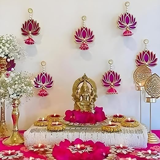 Lotus Wall Hanging for Mandir & Pooja Room Décor, Pink Jhumki Style Decorative Hanging Set of 6, Festival Decoration for Diwali, Ganpati & Housewarming