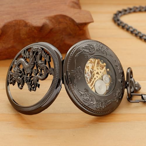 Reloj de bolsillo mecánico para hombre con diseño de dragón hueco PWM08 5