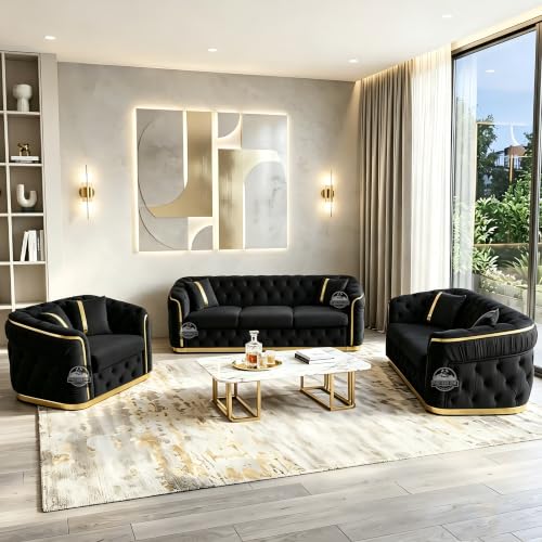 Image of Royal Carved Wooden Sofa Set | 3+1+1 Seater | Antique with Button Tufted Velvet Upholstery | Victorian Style Living Room Furniture Tufted Sofa Set Grey 3-Piece (Design 17)