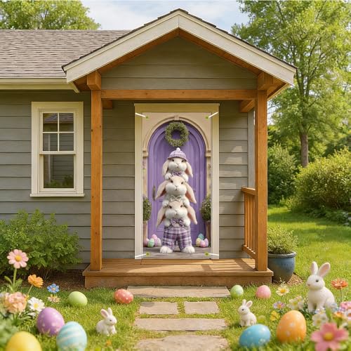 Image of Easter Door Cover Funny Stacked Bunnies Door Banner Happy Easter Door Covers for Front Door Spring Easter Bunny Door Decorations 35x71 Inch