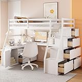 Harper & Bright Designs Full Size Loft Bed with Stairs and Desk, Solid Wood Loft Bed Frame with Storage Drawers and Shelves, for Kids Teens Adults - White