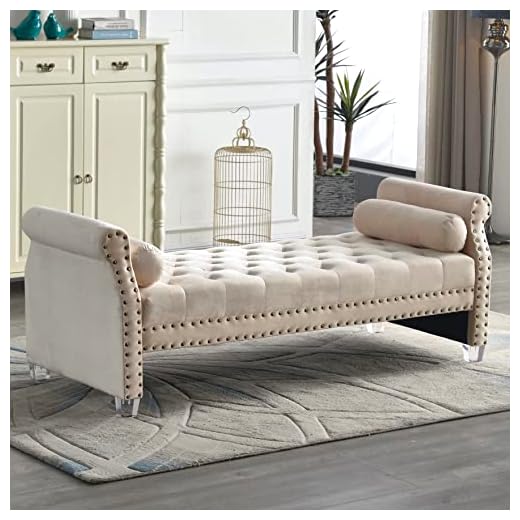 Mathias 71-inch Rolled Arm Velvet Button Tufted Upholstered Bench for Bedroom End of Bed Chaise Lounge Fabric Long Ottoman Couch Window and Living Room Footrest Stool (Beige)